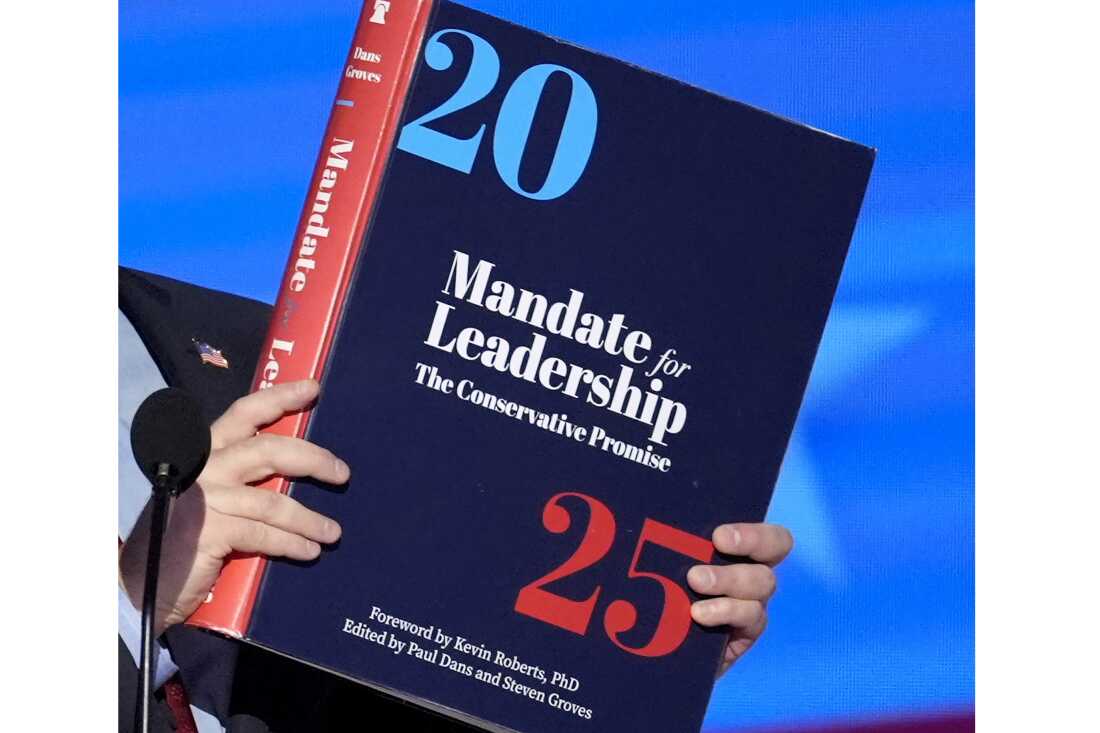 A copy of Project 2025  held during the Democratic National Convention